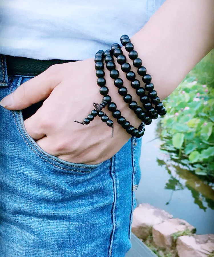 108*0.8/0.6cm Black Wooden Prayer Beads Bracelet Men Mala Buddha Natural Ebony Wood Buddhist Rosary Bangle Jewelry