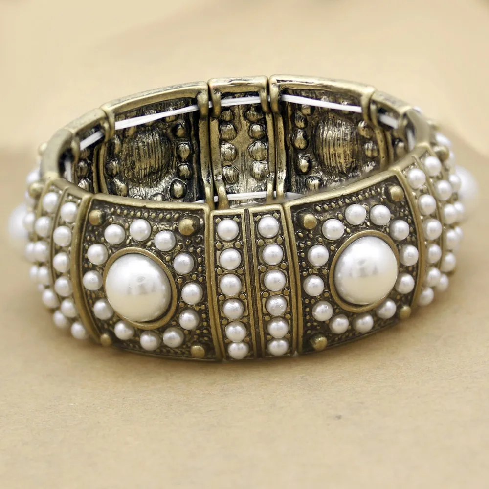 خمر الذهب اللون قبة اللؤلؤ 1920s سوار فني للمرأة رجل الموضة مطاطا الإسورة للجنسين مجوهرات البوهيمي اكسسوارات #5