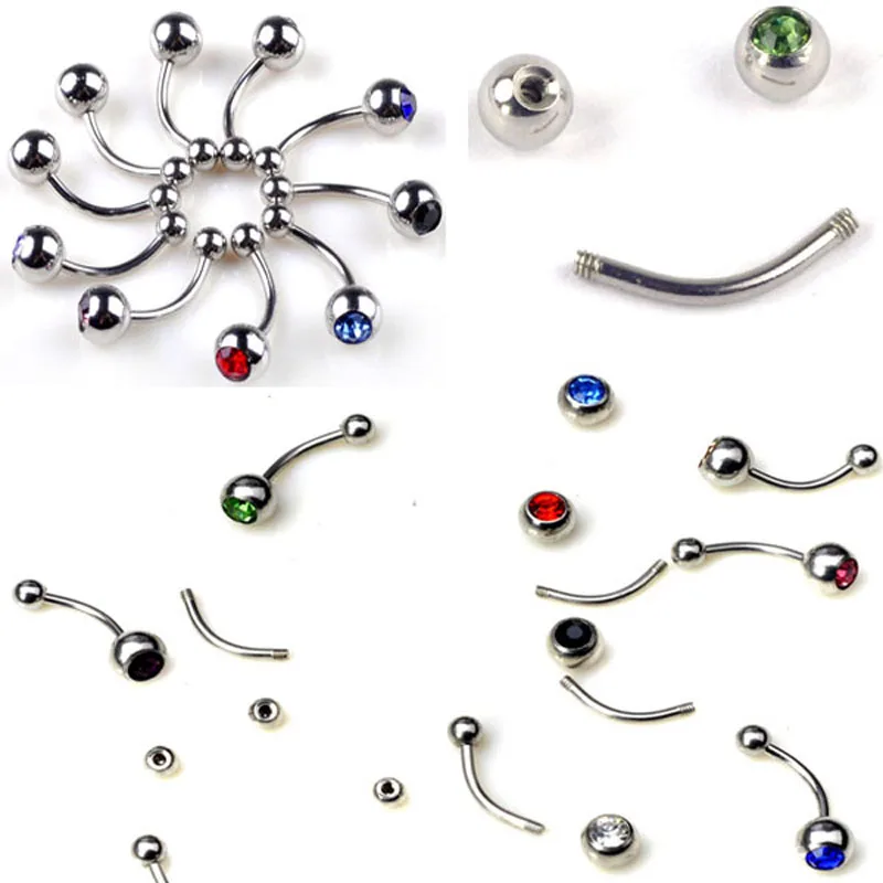 100Pcs/Lot 10Styles 316L Stainless Steel Crystal Tongue Belly Lip Eyebrow Nose Barbell Rings Body Piercing Jewelry