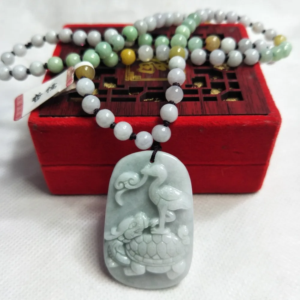 Zheru Jewelry Pure Natural Jadeite Light Green Turtle Crane Yannian Pendant Tricolor Jade Pearl Necklace Send Class A Certificat