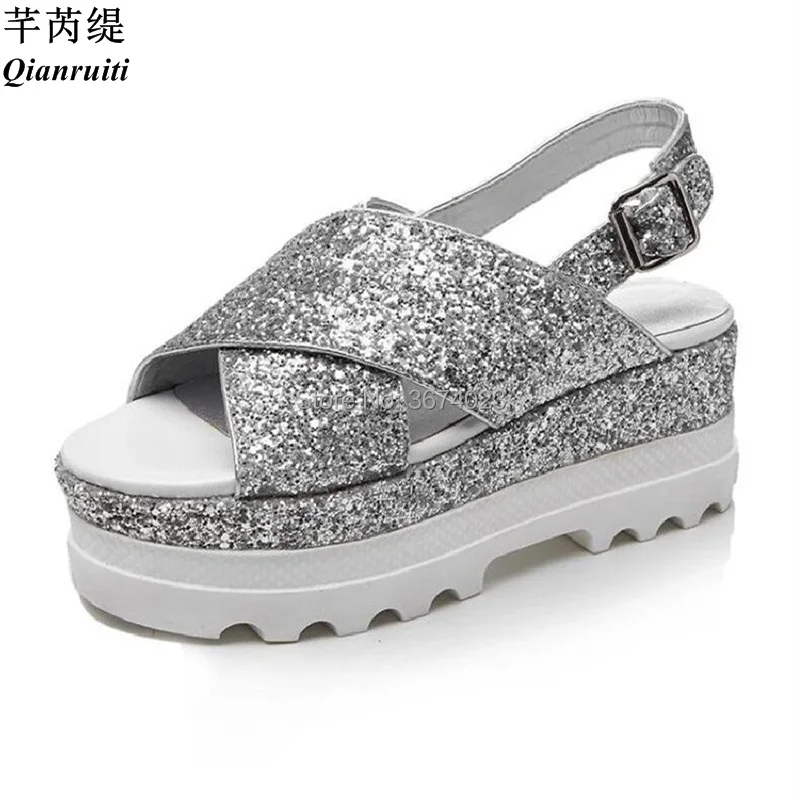 Qianruiti Summer Glitter Platform Sandals Peep Toe Bling Wedges Women Thick Heels Street Casual Sandals Slingbacks Outdoor 2018