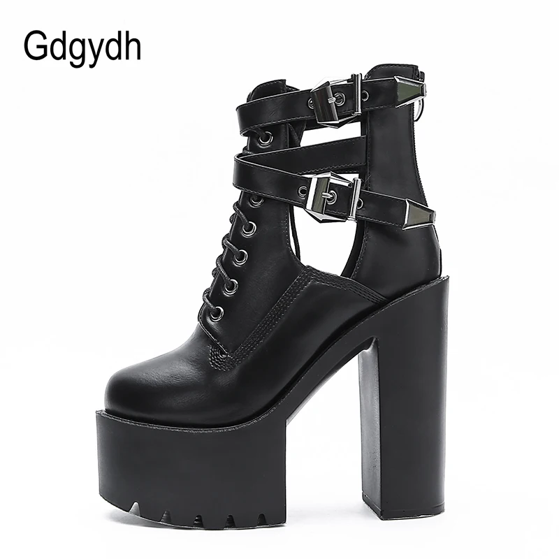 Gdgydh Ankle Buckle Strap Womens Block Heels Platform Boots Nightclub Party Shoes High Heels Hollow Out Goth Short Boots Zipper