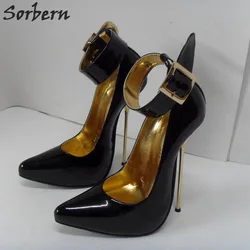 Sorbern Sexy 16Cm acciaio tacchi sottili donna décolleté cinturini alla caviglia punta tonda tacchi a spillo 34-52 oro scarpe da donna tacchi da ballo lucidi T-Show