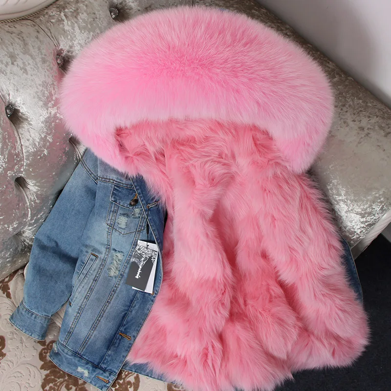 2024 Maomaokong denim jacket natural fox fur lined jacket coat Women's jacket women winter coats Women's fur coat