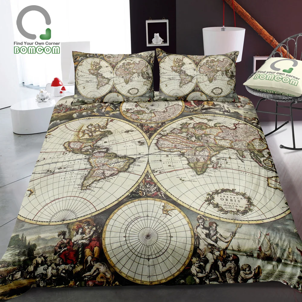 BOMCOM 3D Digital Printing Old map of world hemispheres Vintage World Map Amsterdam Duvet Cover Sets 100% Microfiber Clear