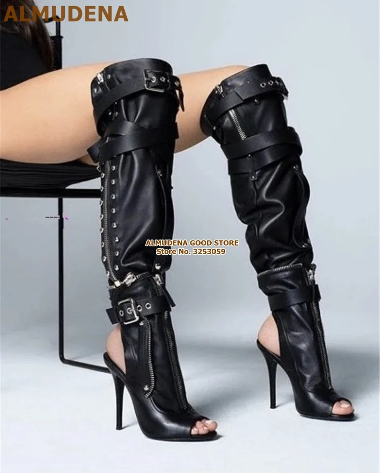 ALMUDENA Punk Stylish Black Leather Over-the-knee Boots Buckle Strap Studded Long Boots Open Toe High Heel High Boots Size47