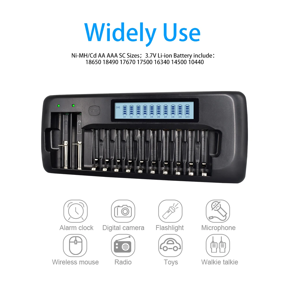 PALO-cargador inteligente LCD de 12 ranuras para batería recargable AA/AAA SC Ni-MH ni-cd, batería de iones de litio de 3,7 V 18650 18490 17670 17500 16340