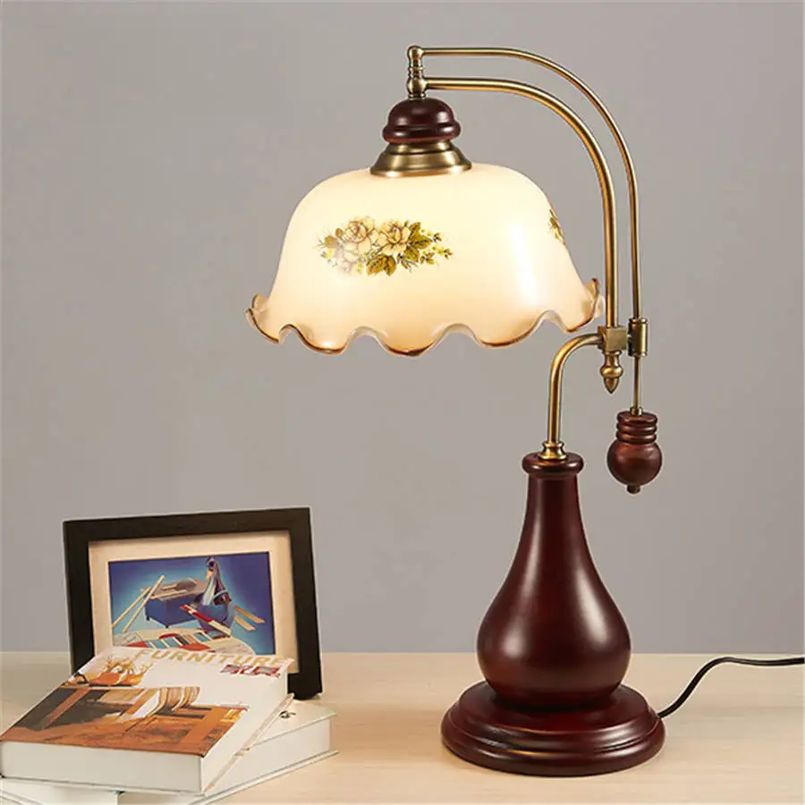 19th Century Country Retro Table Lamp Living Room Study Wooden Base Glass Bedroom Bedside Restaurant