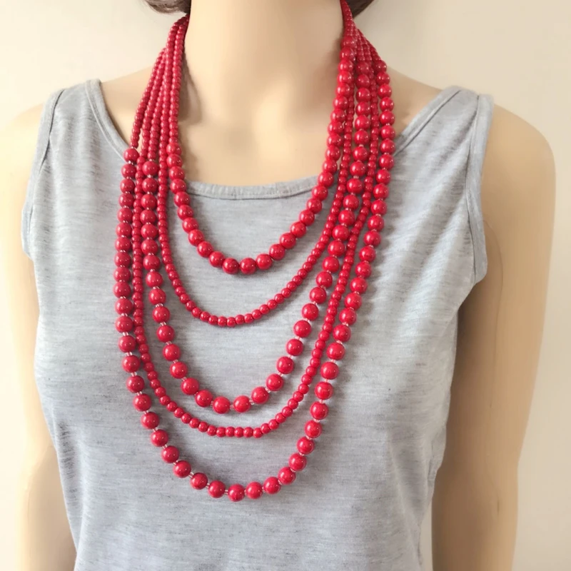 New Five Layers Marble Natural Stone Collar Statement Chunky Red Necklace