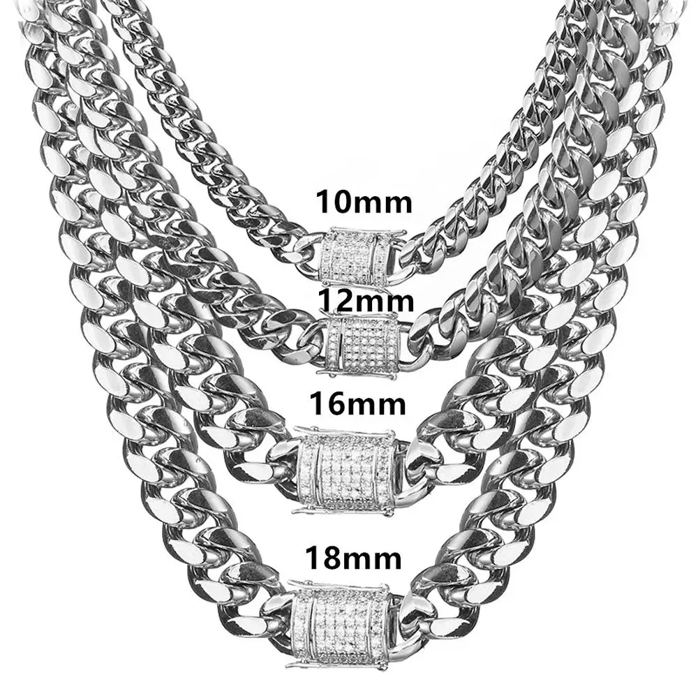 

10-18mm Wide Stainless Steel Miami Cuban Curb Chain White Rhinestone Clasp Men Women Silver Color Necklace Bracelet Jewelry