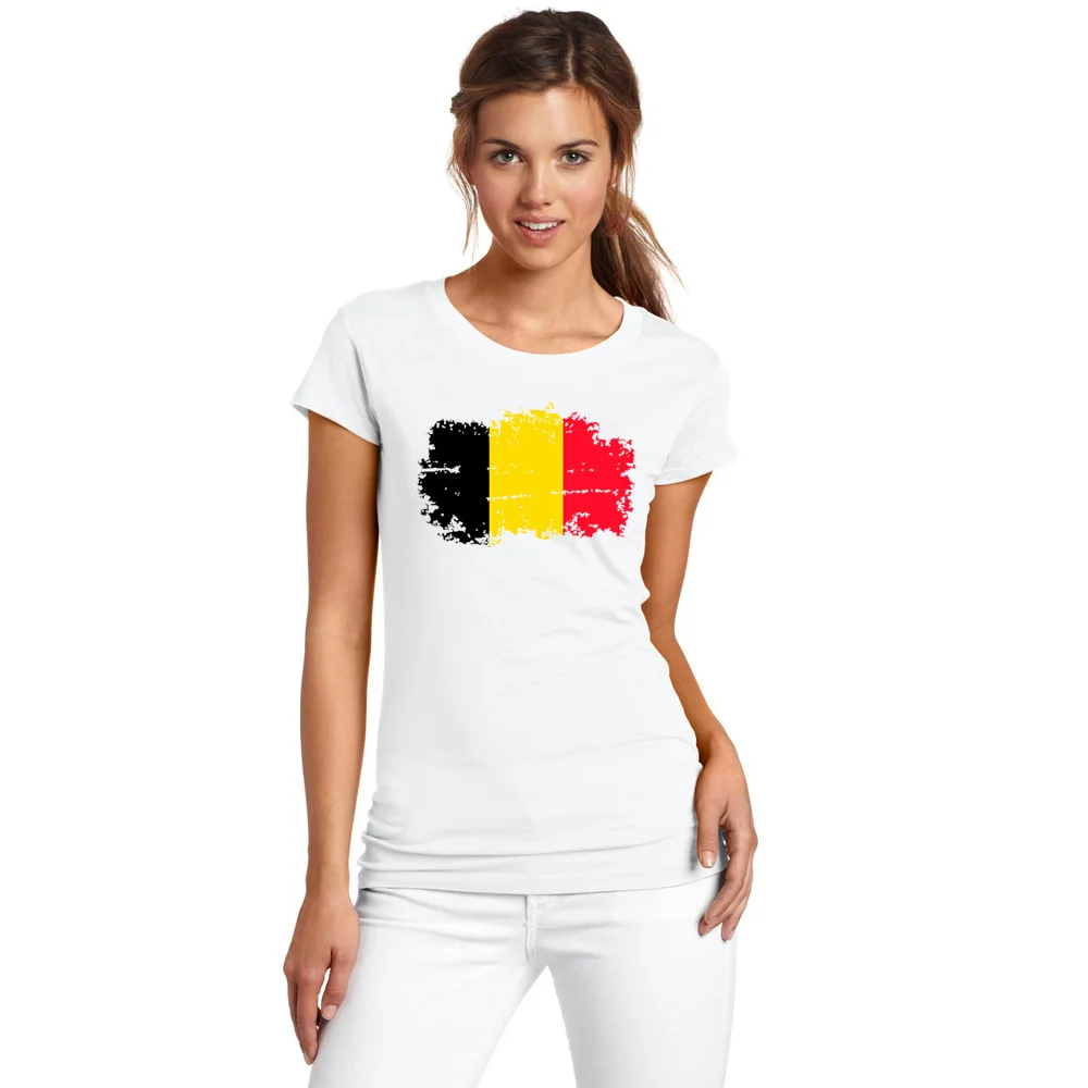 BLWHSA Top Female T-shirt Nostalgic Belgium Flag Cotton Casual T shirts women Short Sleeve Belgium Fans Cheer Tshirt