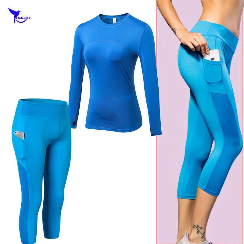 

2 Pcs Shirt+Pocket Capri Leggings Running Sport Suit Sexy Women Yoga Set Long Sleeve Tracksuit Gym Fitness High Waist Clothing