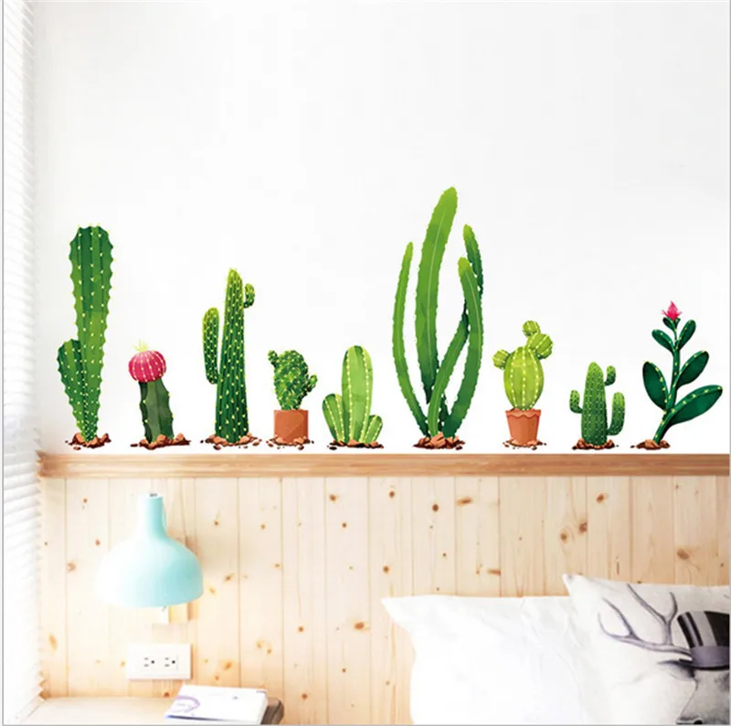 Cactus Plant TV Background Wall Stickers Home Decor Living Room 3D Wall Decal Autocollant Mural