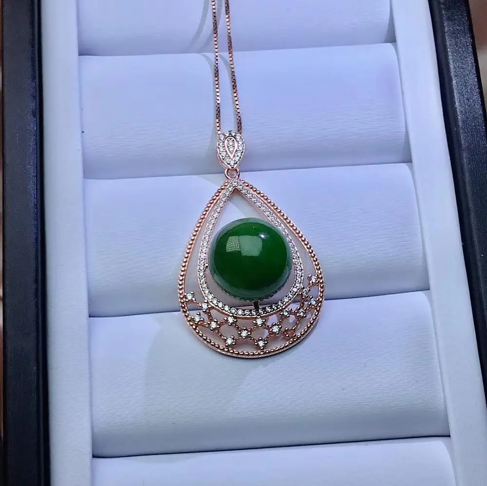 

graceful green Jade necklace for women silver jewelry real 925 silver round natural jade water drop girl party gift