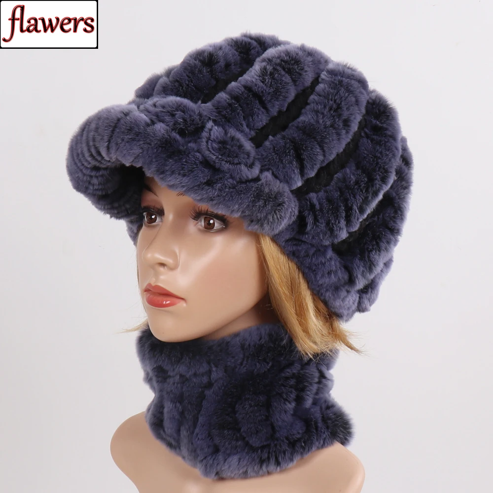 

New Good Elastic Genuine Fur Scarves Hats Women Knitted Real Rex Rabbit Fur Hat Scarf Set Winter Lady Real Fur Muffles Hats Sets