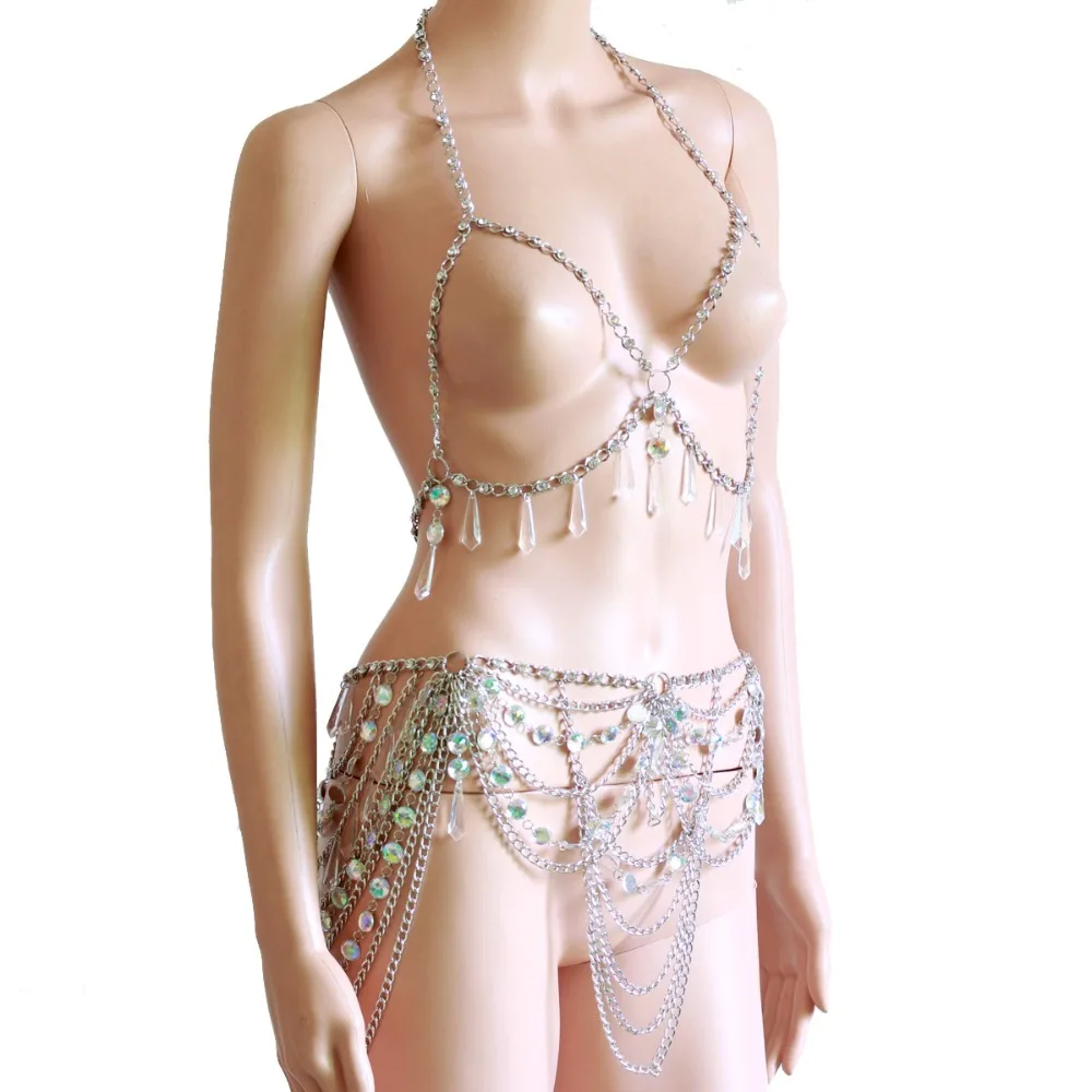 Crystal Beading Disco Exotic Tanks Crop Top Chain Sexy Mini Skirt Bodysuits Rave Bra Festival Fashion Wear Party Jewelry