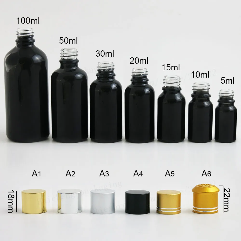 12 x Promotion 5m 10ml 15ml 20ml 1oz 50ml 100ml Shining Black Cosmetic Essential Perfume Oil Bottle With Aluminium Caps Lids