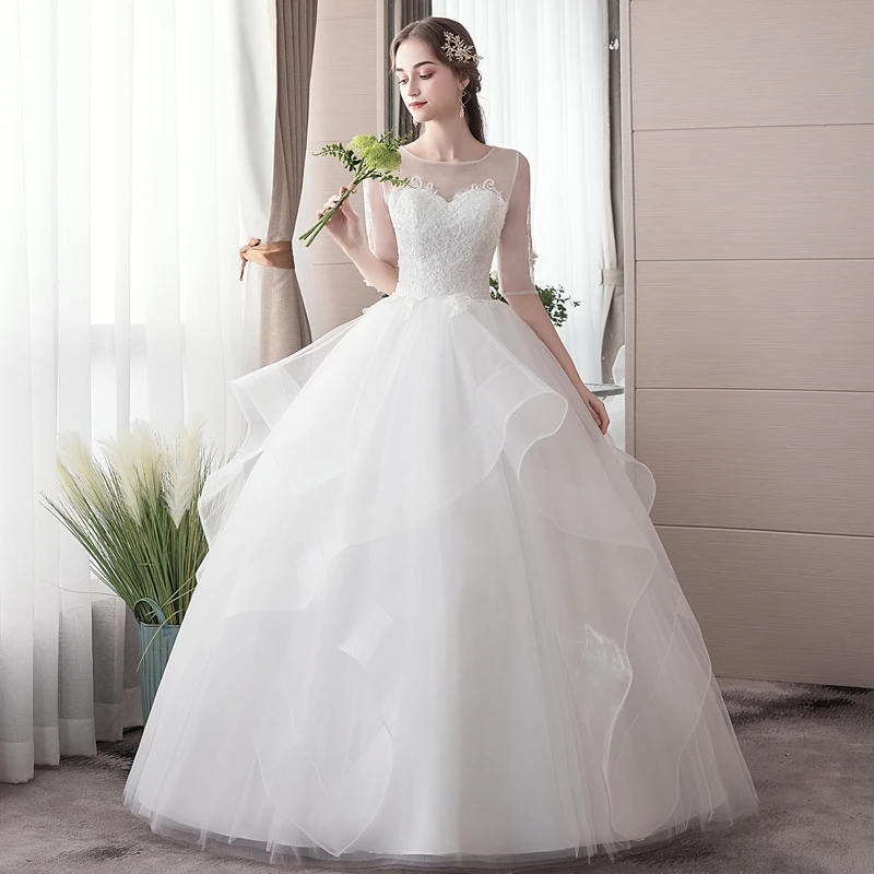 Wedding Dress Ball Gowns Women Dress New Bride Marriage Simple Middle Sleeves Wedding Dresses Lace Up Plus Size