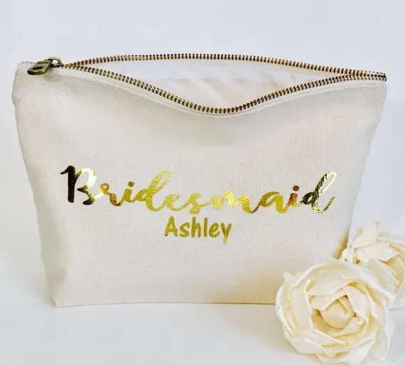 set of 7 Personalised names wedding bride tribe Make Up makeup comestic Canvas Bags Gift for Bridal Party Bags zipper pouches