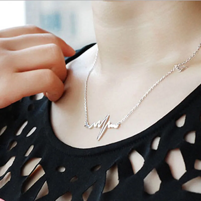 New Fashion ECG Pendant Love Heart Necklace Collier for Women Wedding&Engagement Jewelry Girl Gift Collares Long Clavicle Chain