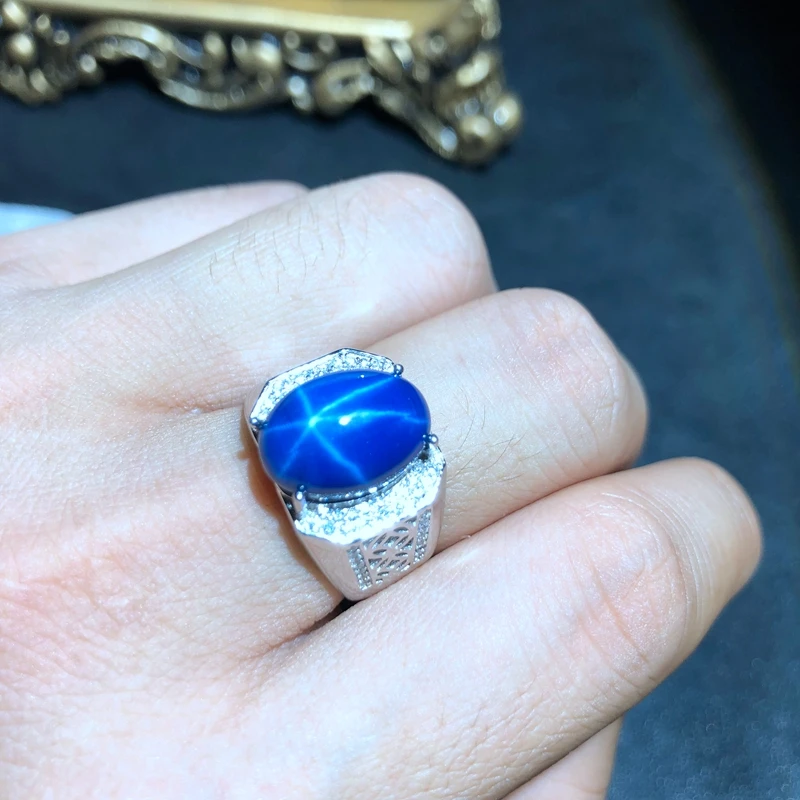 cool men ring shiny blue star sapphire gem ring 925 silver jewelry big size shiny gem certified birthday gift