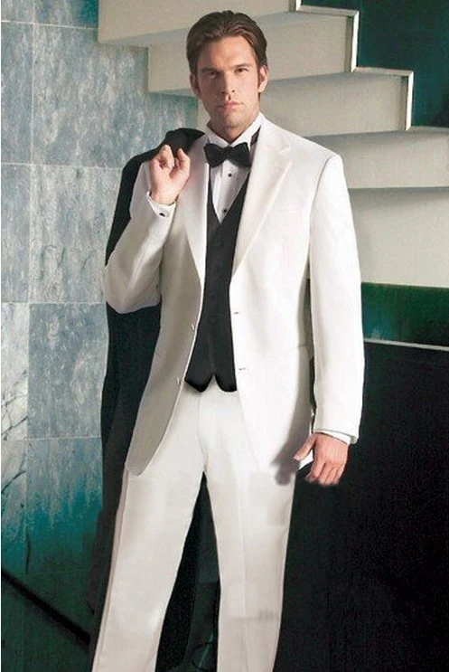 

Custom Made Best Selling Popular White Groom Men Suit With Black Vest,Bespoke White Tuxedo,Tailored 2 Button Peak Lapel Men Suit