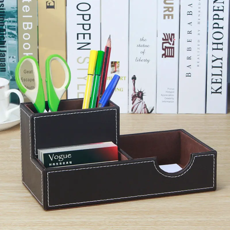 multifunction desktop office school wooden PU leather pen holder pencil case with note card case desk stationery organizer  1096