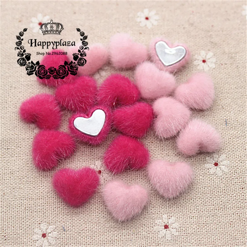 50 pz carino caldo rosa/rosa tessuto Hariy coperto bottoni cuore giardino domestico Flatback Cabochon artigianato Scrapbooking fai da te, 14*17mm