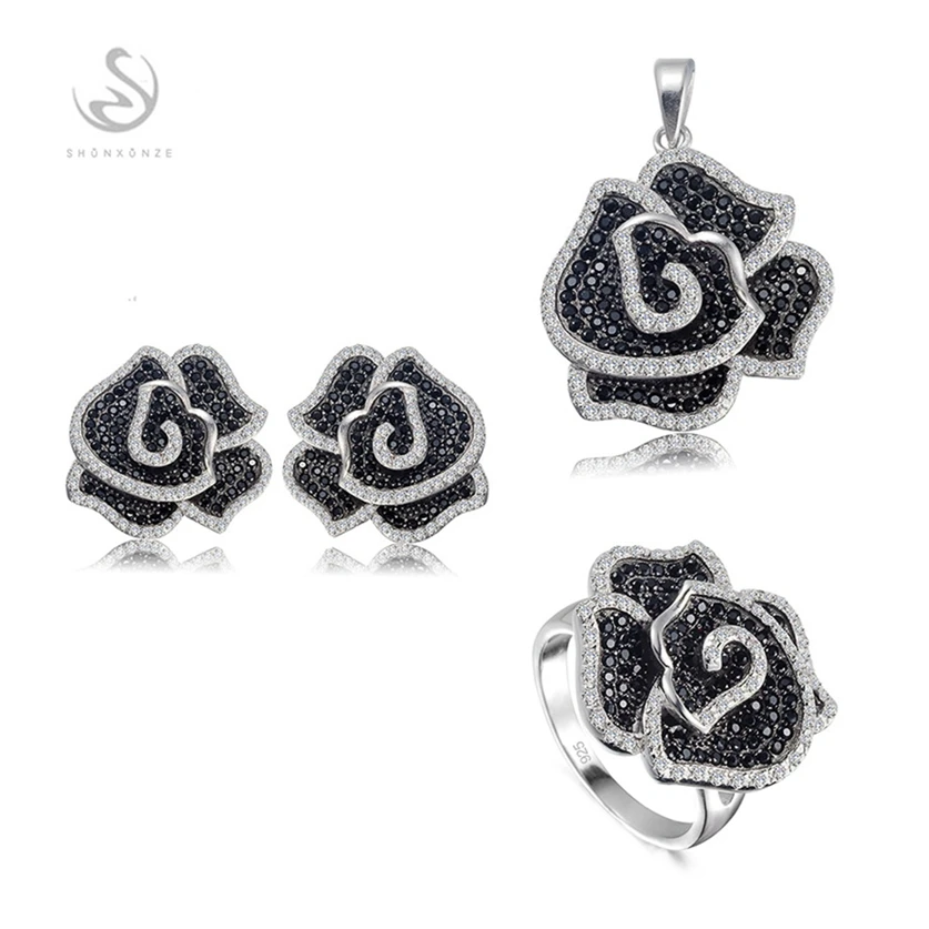 Eulonvan 925 sterling silver luxury women wedding jewelry sets (ring/earring/pendant) White and Black Cubic Zirconia S-3789set