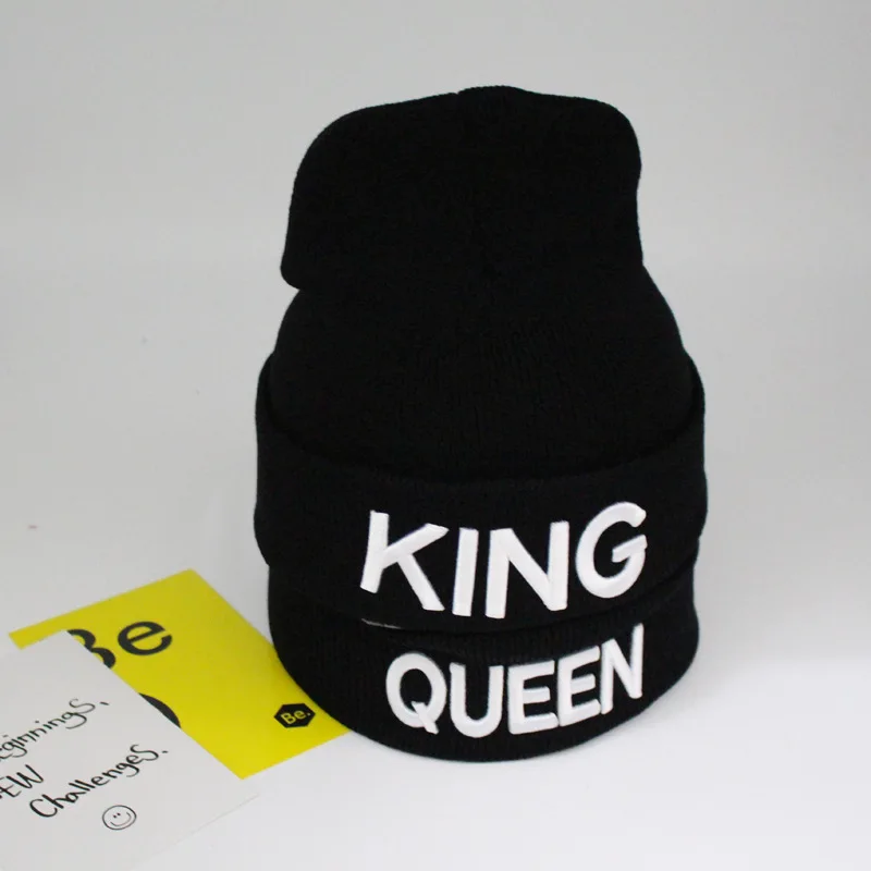 HUE010 Women Winter Cheap Adult letters Embroidery Knitted Hat Autumn Black King Queen Solid Curled Beanies Skullies