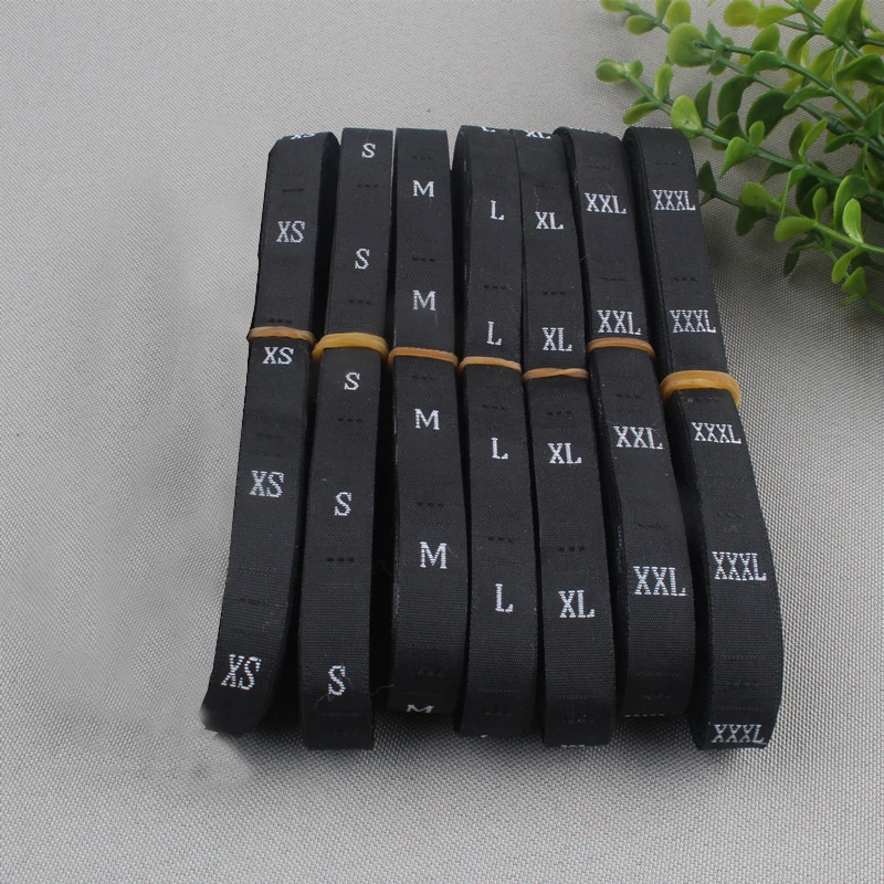 Stock roll 1.2*3cm woven size tags black fabric white letters XS S M L XL XXL 3XL 500pcs lot