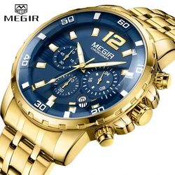 2024 New Men Watch MEGIR Luxury Gold Business Chronograph Sport Mens Watches Full Steel Military Quartz Wristwatches Clock Men