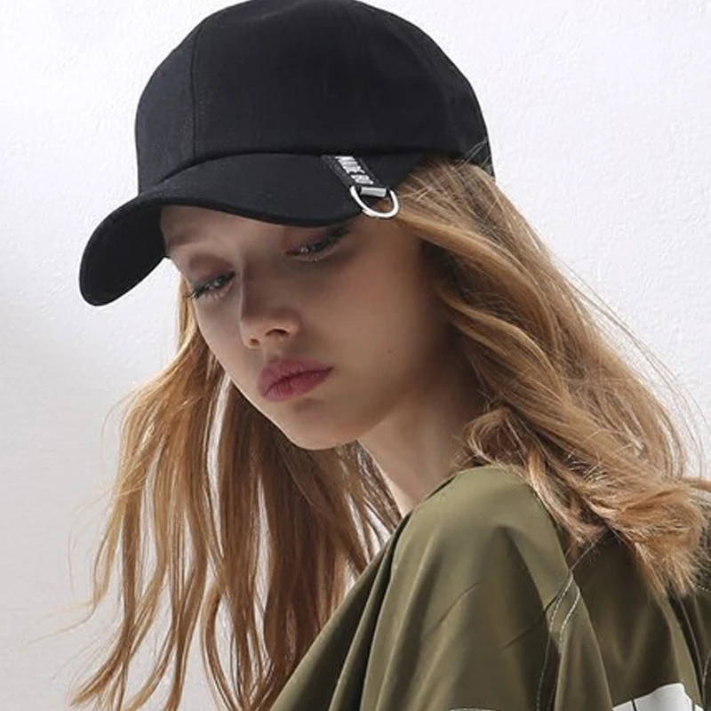 

Women Girls Cotton Baseball Cap with Rings Fashion Letter Design Adjustable Hats Black For Spring