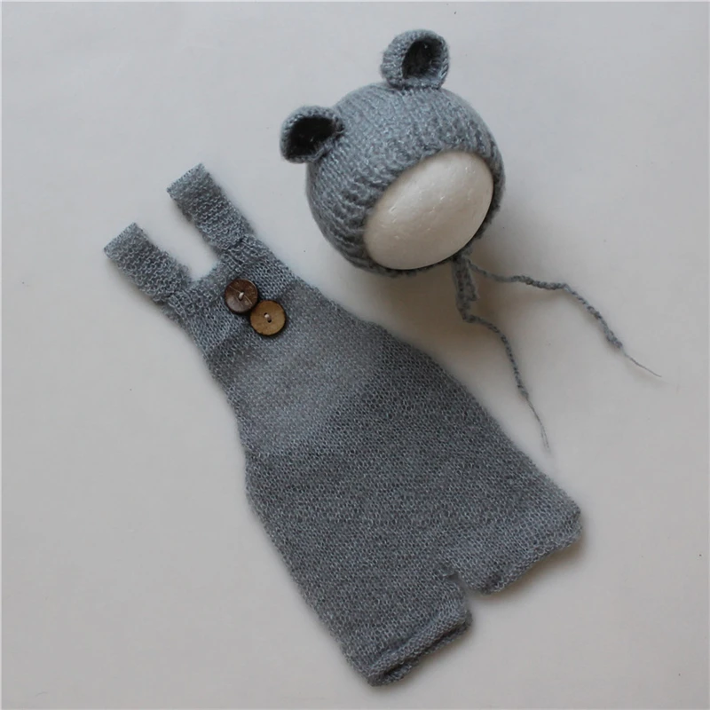 Newborn Baby Infant Photography Props Boy Girl Outfits Cute Bear Hat and Overalls Set Soft Mohair Bebe Photo Clothes Jumsuit