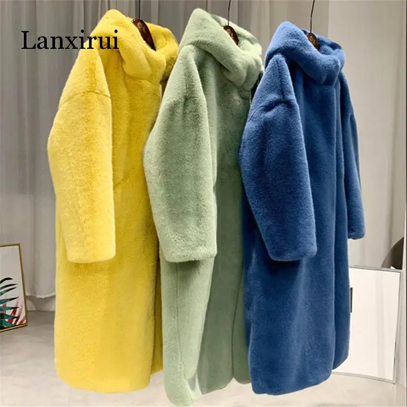 Autumn Winter Mink Women Fur Coat Clothes  Korean Faux Fur Streetwear Hooded Loose Thick Warm Long Coat Female