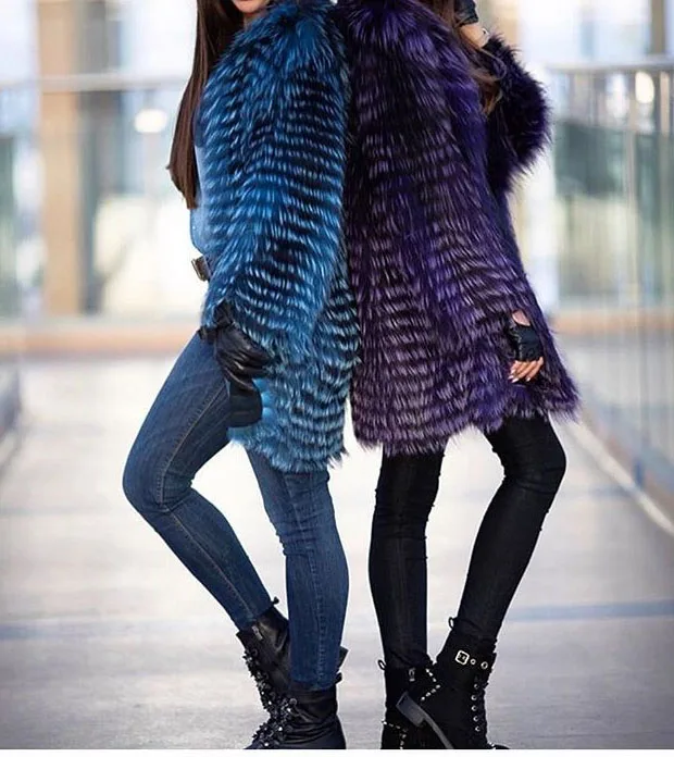 Women's Striped Real Silver Fox Fur Coat, Long Cardigen with Wool Lining, Big Size Clothes, Elegant Outwear, Spring, Lux18A09164