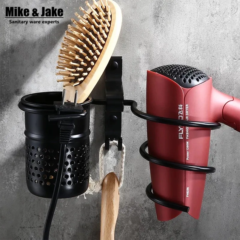 

Black hair dryer rack with cup hair dryer rack Households Rack Hair Blow Dryer Holder Aluminum Shelf Bathroom Accessories MJ596