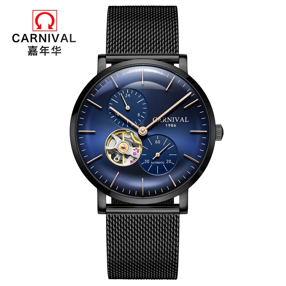 Men Sport Mechanical Watches Top brand CARNIVAL Tourbillon Automatic Watch Men Small second dial 24hours display skeleton watch