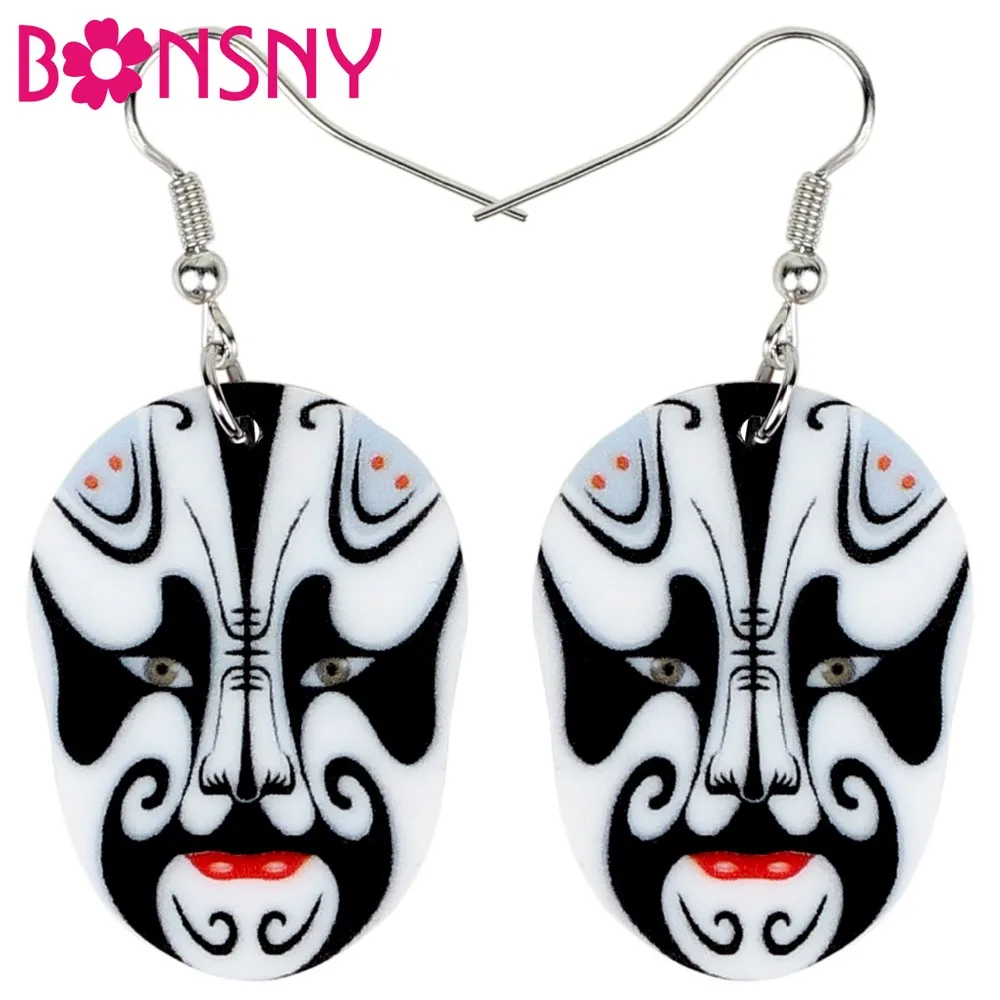 Bonsny Acrylic Chinese Beijing Opera Mask Earrings Drop Dangle Fashion Ethnic Jewelry For Women Girls Teens Charms Accessories