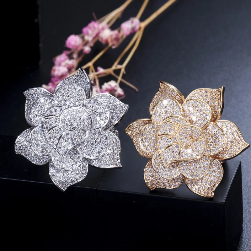 Pera Luxury Big Statement Leaf Cluster Shape for Women Wedding CZ Stone Yellow Gold Color Bridal Finger Rings Jewelry Gift R091