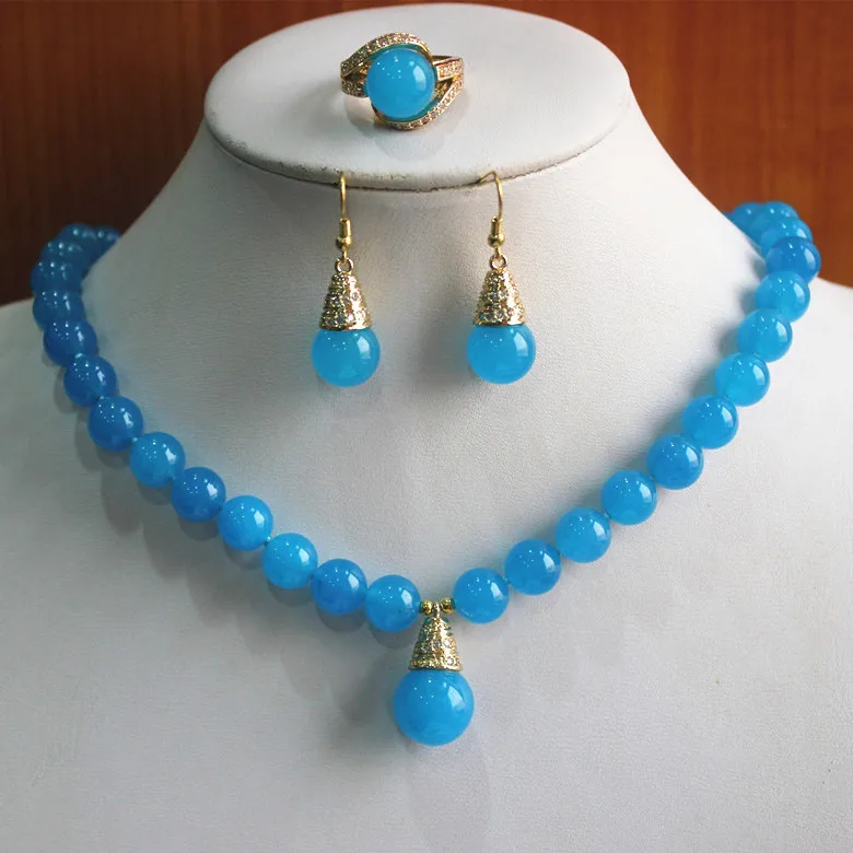 

best gift jewelry set!Wholesale factory price Women's blue semi-preciousNatural jade Necklace earring ring(7/8/9) set #109