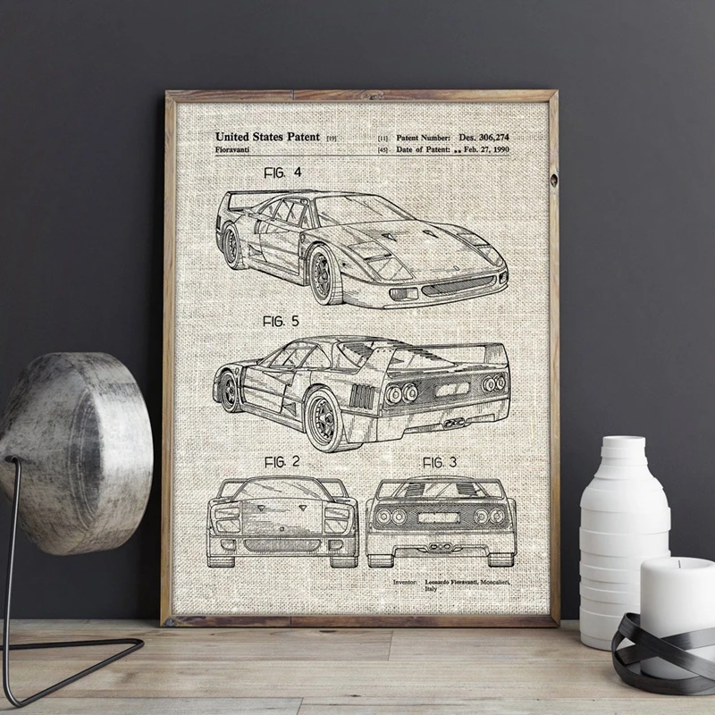 For Ferrari F40 Car Artwork Patent Prints Auto Wall Art Transportation Poster Room Decor Blueprint Canvas Painting Picture Gift