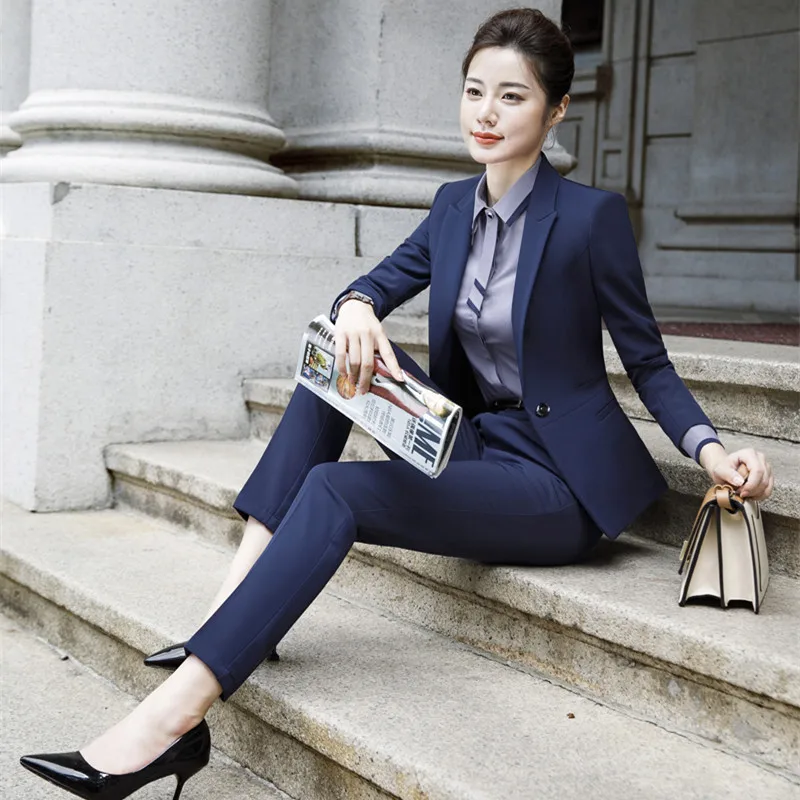 

IZICFLY New Spring Autumn Style Business Ladies Uniform Pant Suits For Women Office Blazer Sets 2 Pieces With Trouser