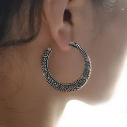 Bohemian Vintage Big Circle Round Hook Jhumka Earrings carved flower earrings For Women Bijoux Earrings Ethnic Indian Jewelry