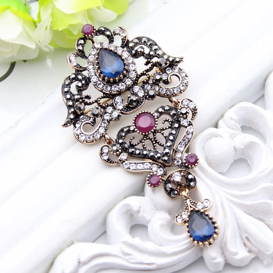 Sunspicems Vintage Turkse Broche Voor Vrouwen Etnische Partij Sieraden Antiek Goud Kleur Veelkleurig Kristal Algerije Bruid Gift 2021