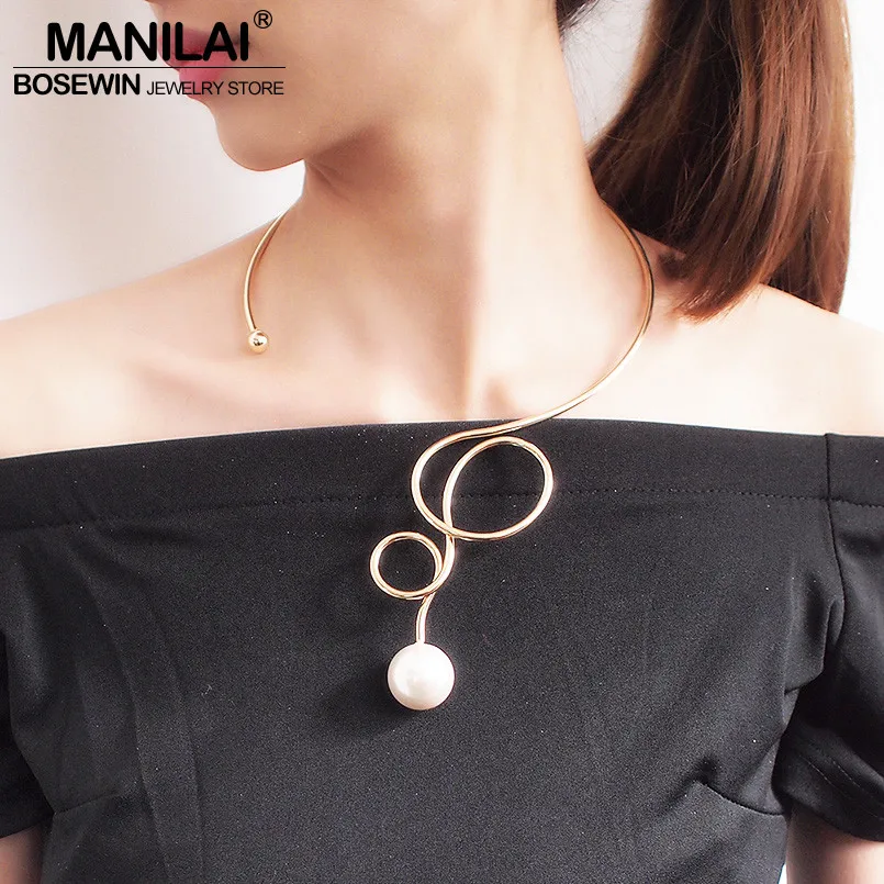 MANILAI Imitation Pearl Torque Choker Necklace For Women Accessories Geometric Charm Alloy Big Statement Necklace Jewelry Design