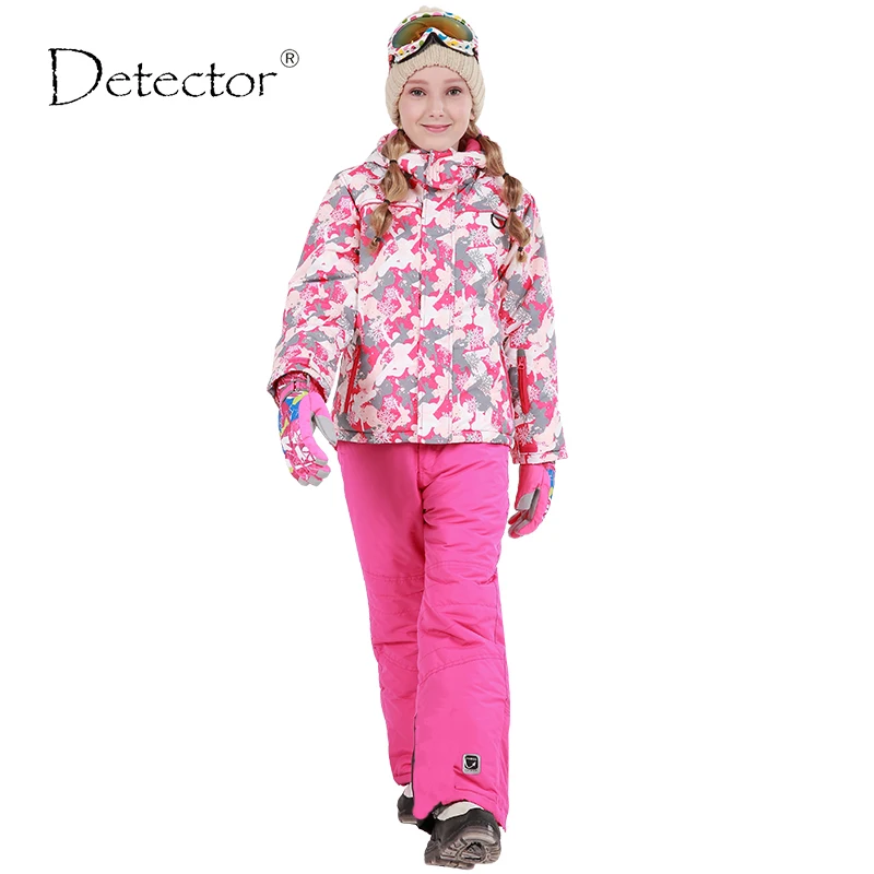 Detector Winter Outdoor Ski Jacket + Bib Pants Set Waterproof Snowboard Jacket Outerwear Girls Fleece Thermal Warm Snow Clothing