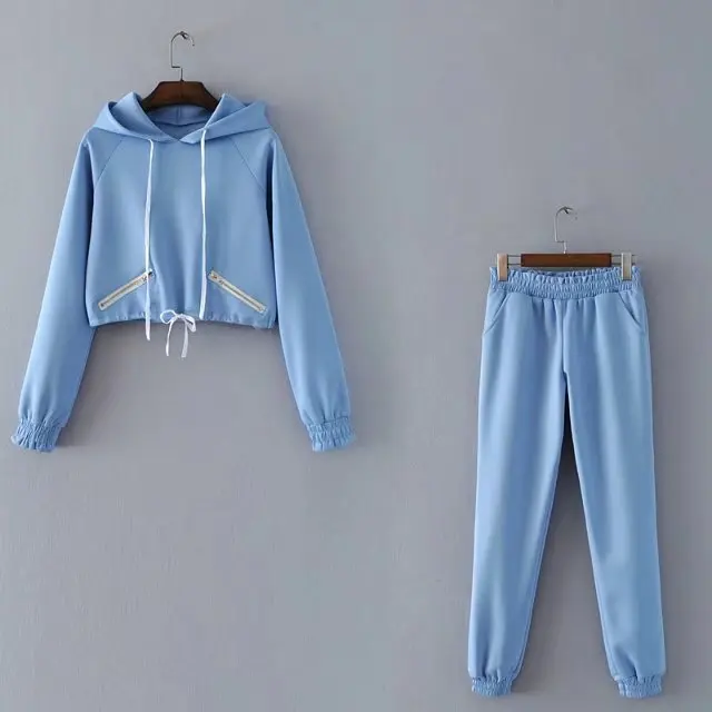 Ritsleting Ruffles Dua 2 piece set Wanita Set Hoodies Kaus dengan Celana Olahraga Pullover Atas Perempuan Pakaian Kasual Pakaian Olahraga