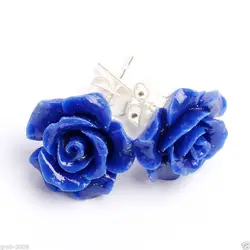 lady's 12mm Lapis lazuli Carved Rose Flower 925 Sterling Silver elegant Earrings