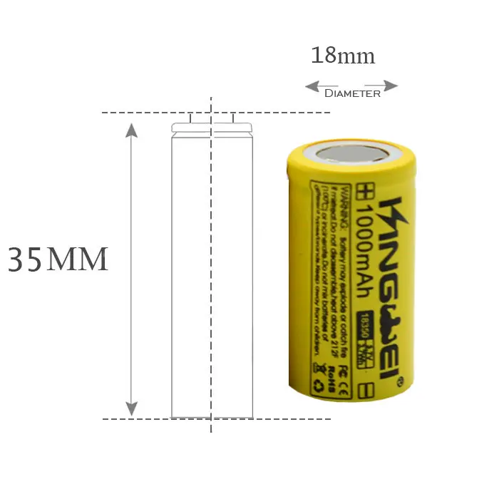 100 pz/lotto kingwei 18350 1000 mAh 3.7 V Batteria Ricaricabile Li-Ion Batteria Al Litio per Led Torcia Elettrica Della Macchina Fotografica Del Faro